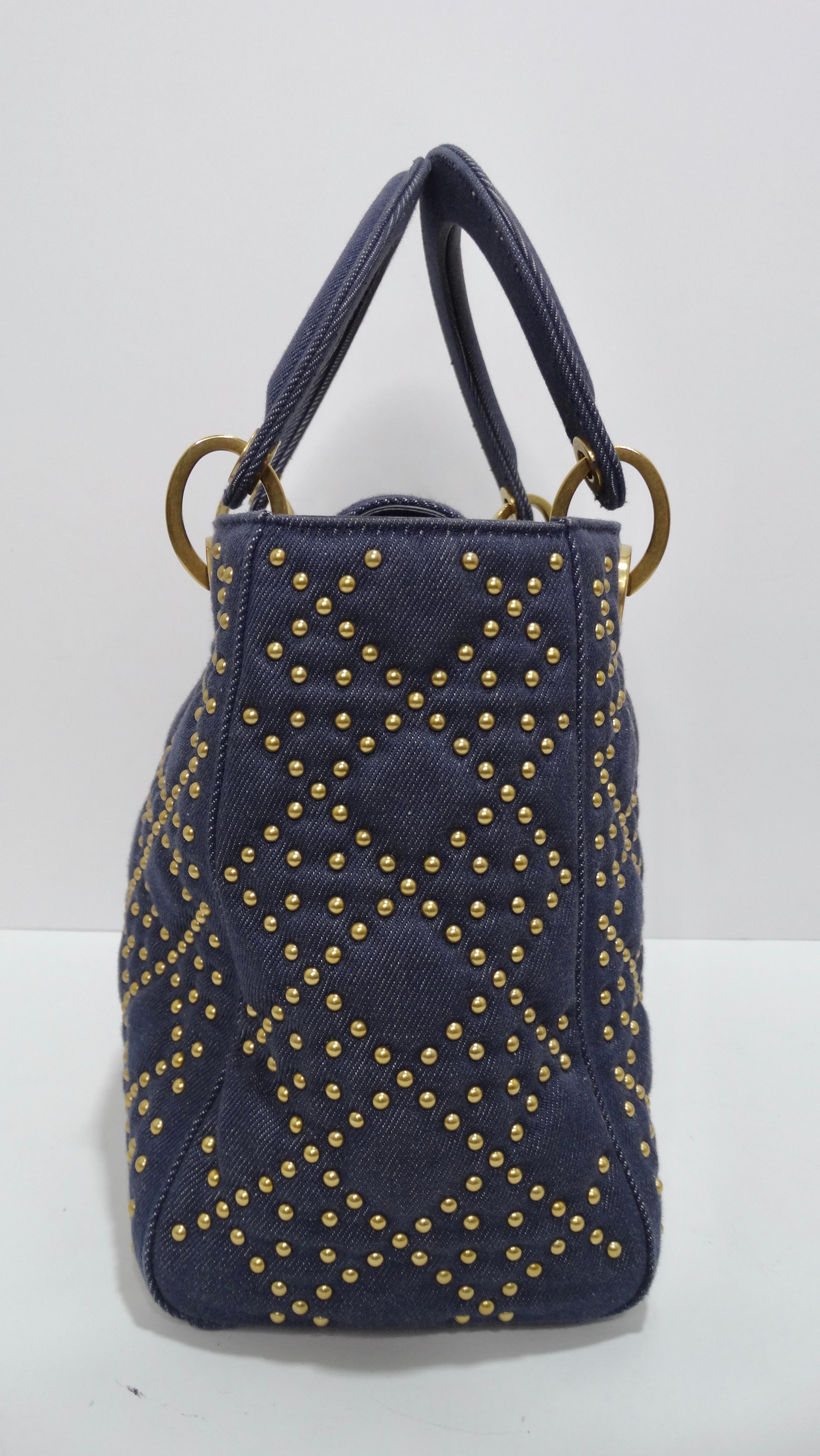 Black Christian Dior Medium Blue Denim Studded Lady Dior Handbag