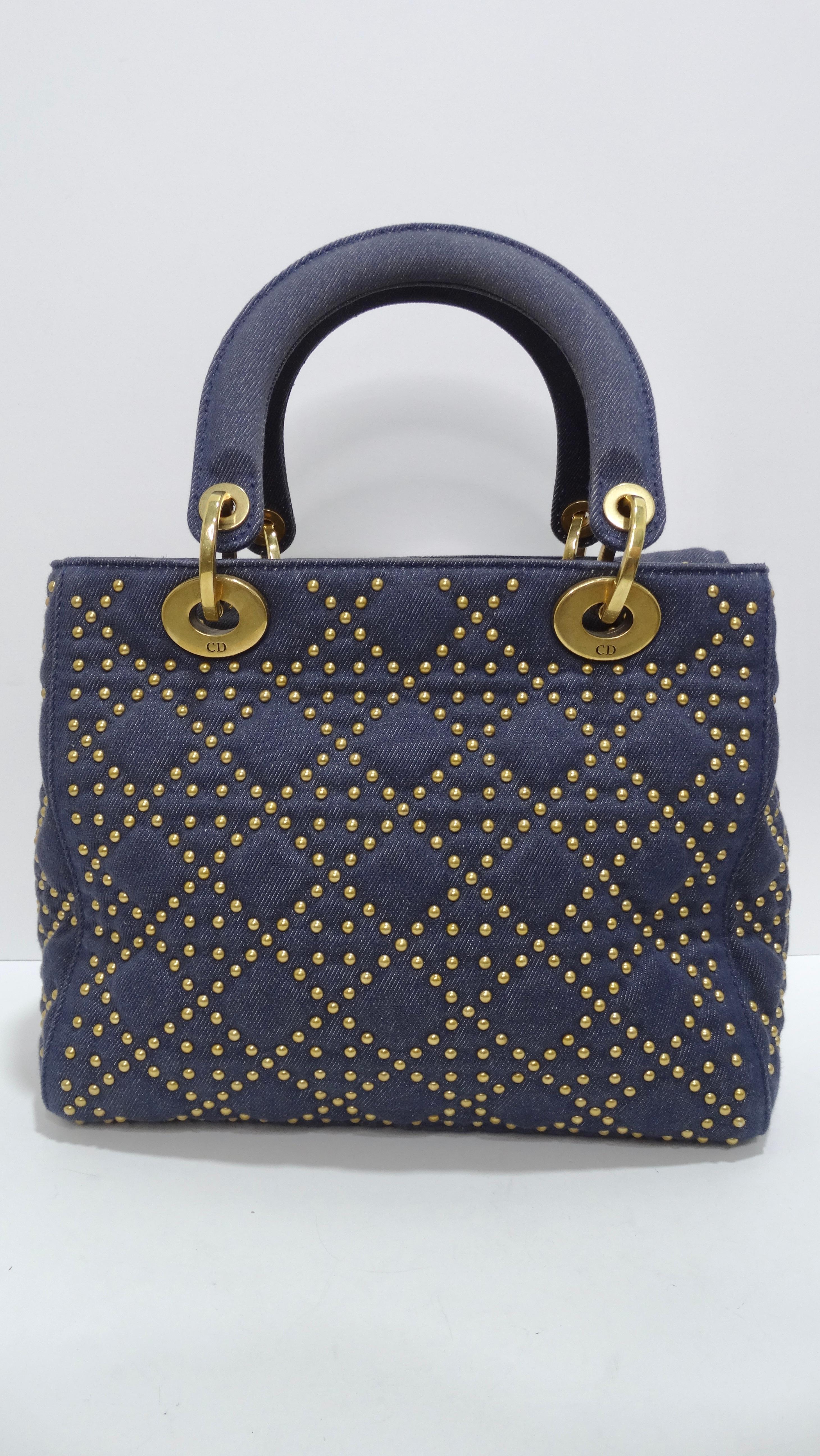 Christian Dior Medium Blue Denim Studded Lady Dior Handbag In Excellent Condition In Scottsdale, AZ