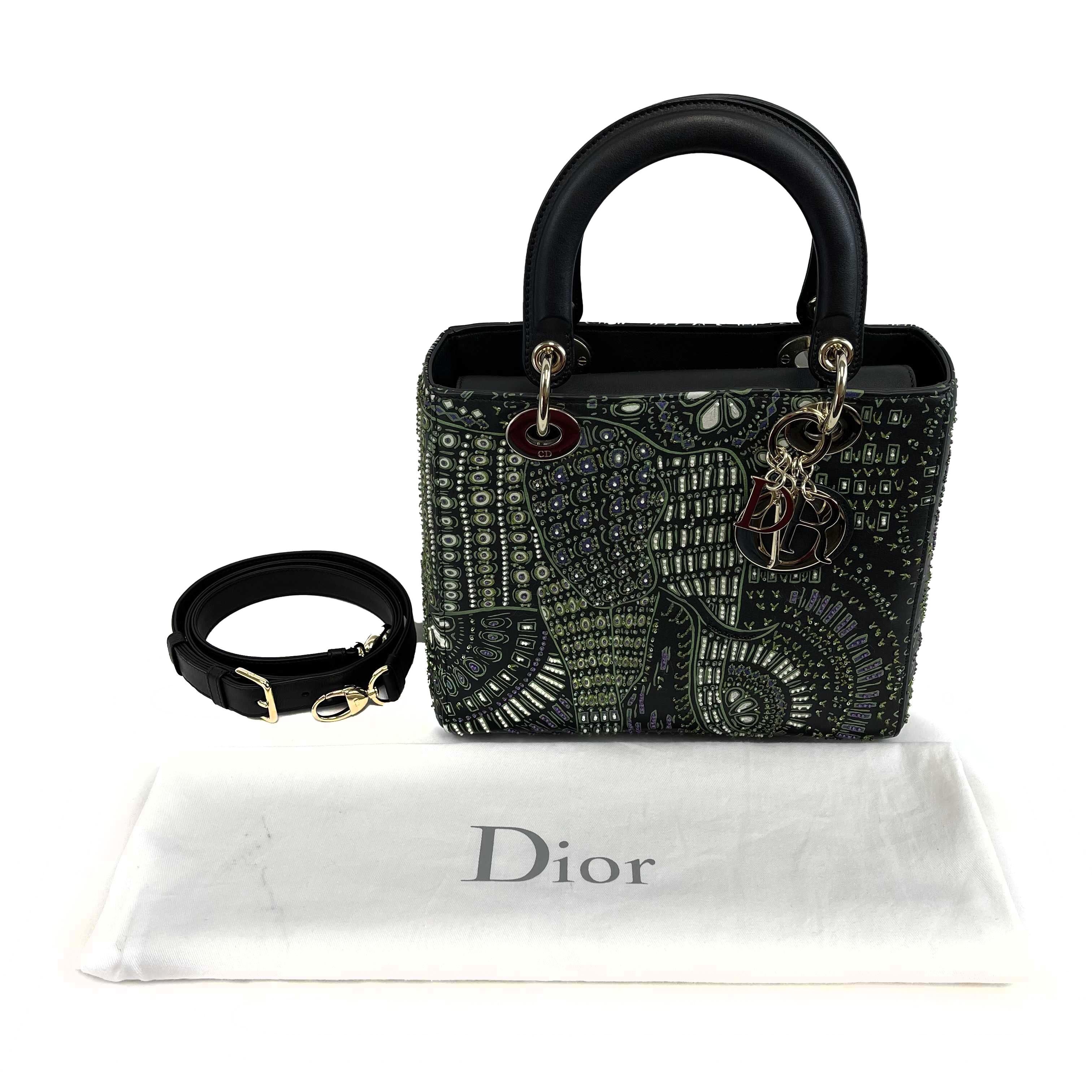 Christian Dior Medium Embroidered Animals Lady Dior Black, Green Purple handbag In Excellent Condition In Sanford, FL