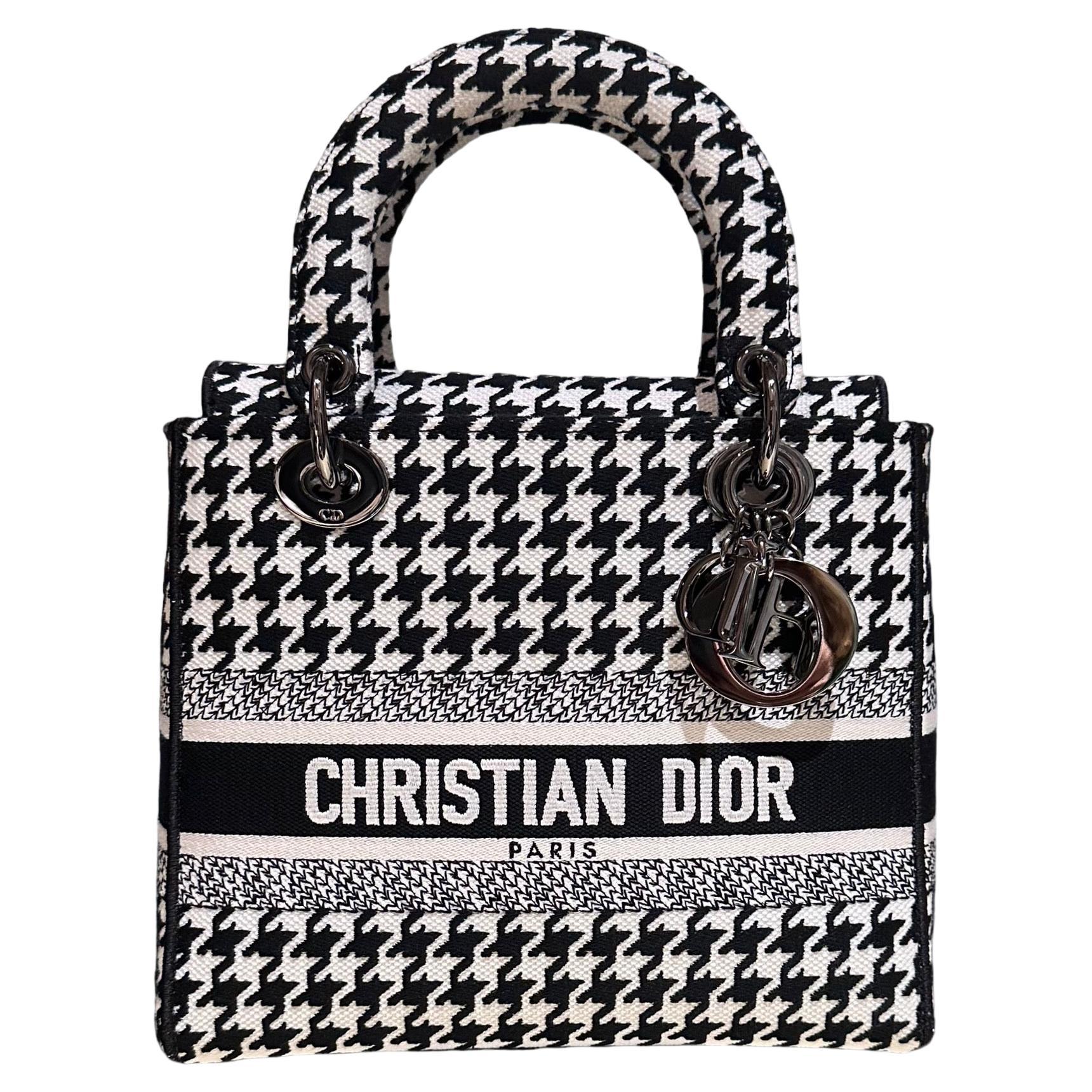 Christian Dior Medium Lady D-Lite Black and White Houndstooth Bag