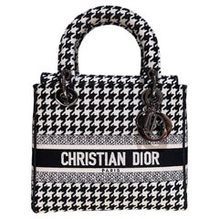 Christian Dior Medium Lady D-Lite Schwarze und weiße Tasche mit Hahnentrittmuster