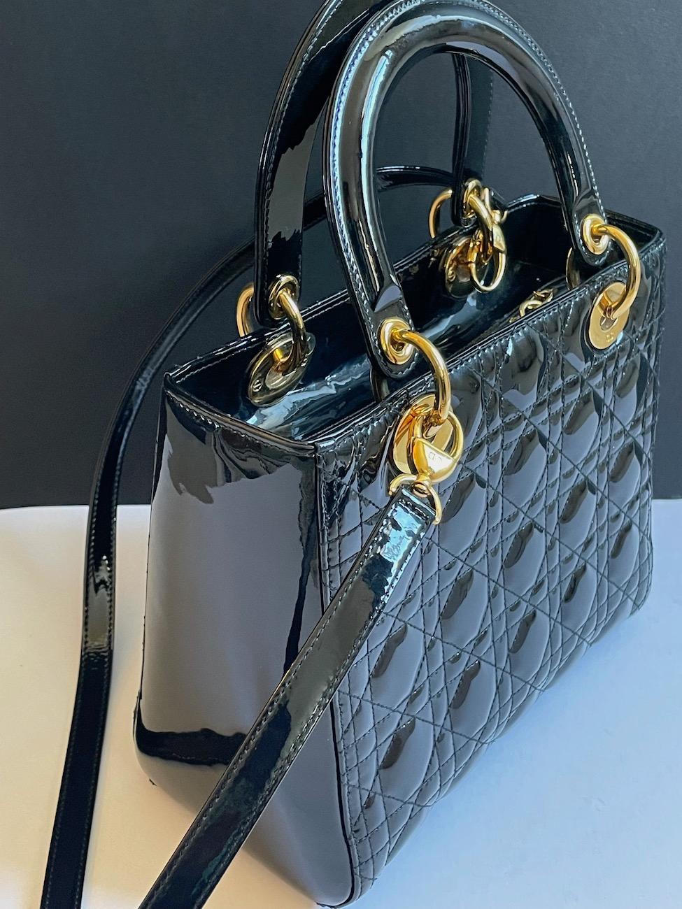 CHRISTIAN DIOR Medium Lady Dior Bag Black Patent Cannage Calfskin W/Box For Sale 1