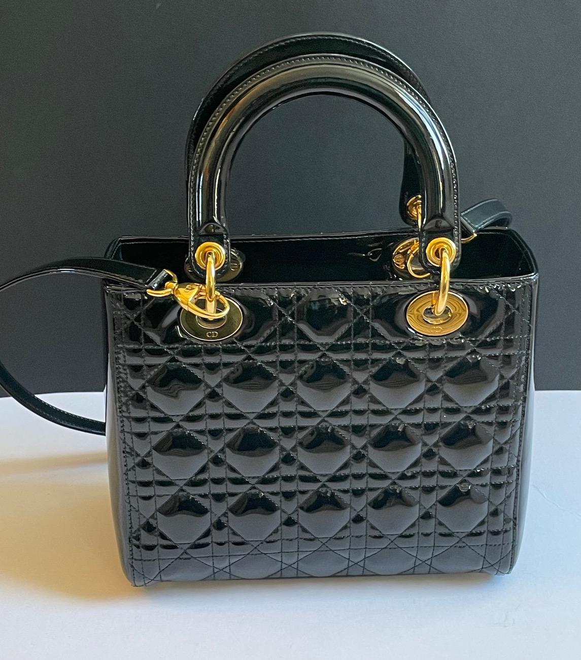 CHRISTIAN DIOR Medium Lady Dior Bag Black Patent Cannage Calfskin W/Box For Sale 2