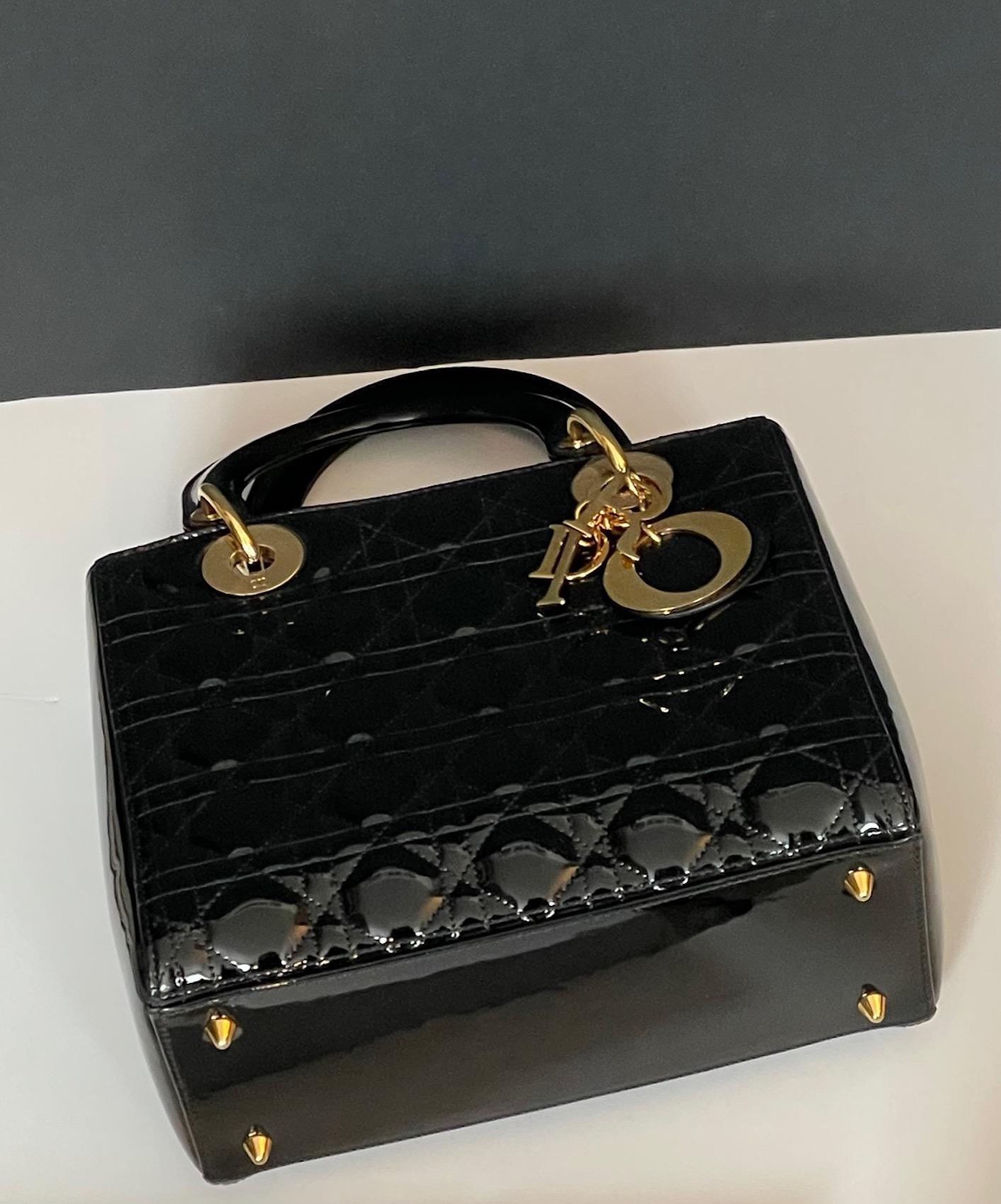 CHRISTIAN DIOR Medium Lady Dior Bag Black Patent Cannage Calfskin W/Box For Sale 3