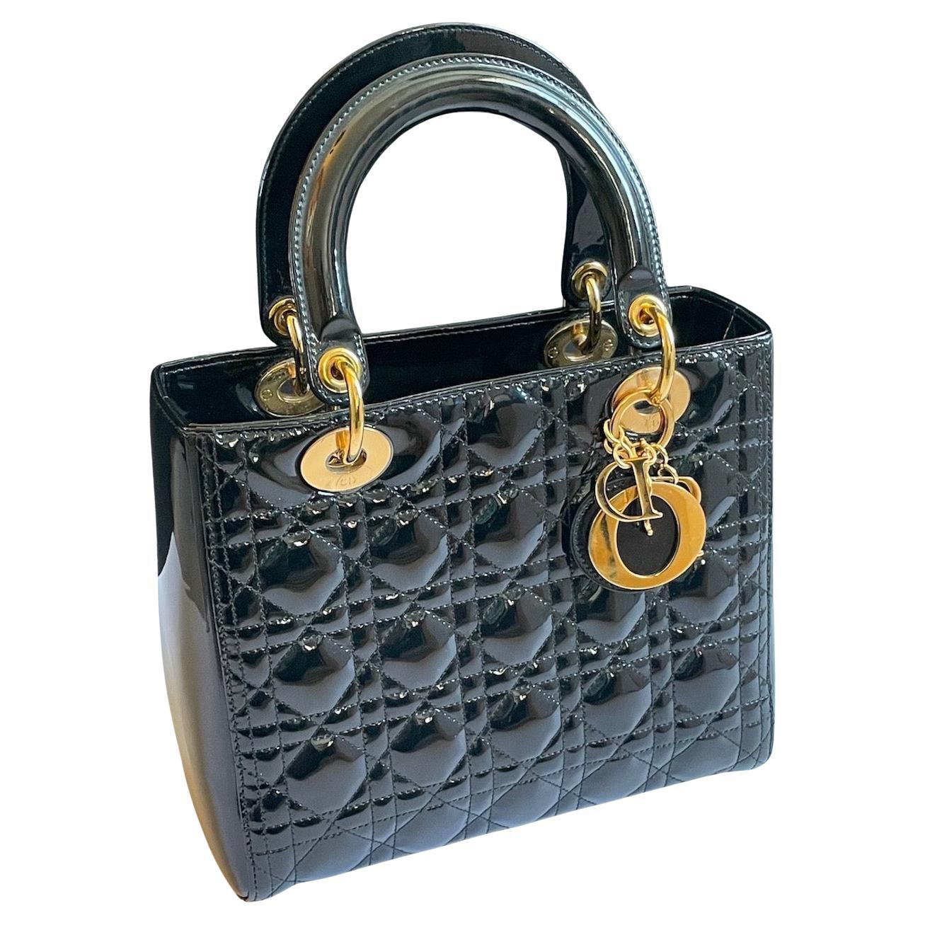 CHRISTIAN DIOR Medium Lady Dior Bag Black Patent Cannage Calfskin W/Box For Sale