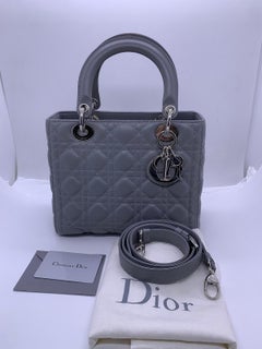 Christian DIOR Medium Lady Dior Bag Grey Quilted Lambskin Gold HW 2-Way Handbag