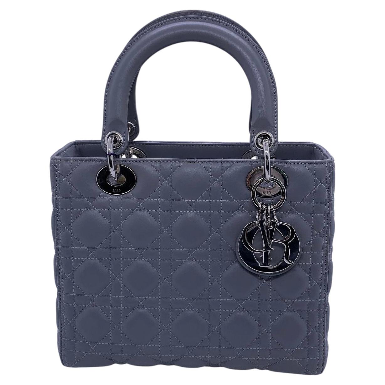 Christian DIOR Medium Lady Dior Tasche Grau Gestepptes Lammfell Gold HW 2-Wege Handtasche