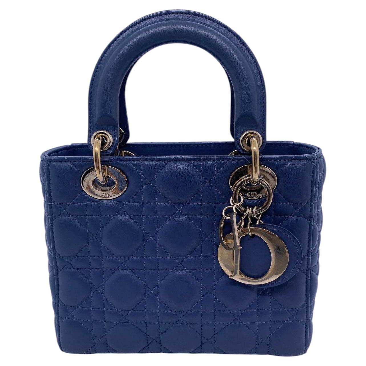 Christian Dior Medium Lady Dior Blu Cannage Borsa a catena in pelle GHW Italia