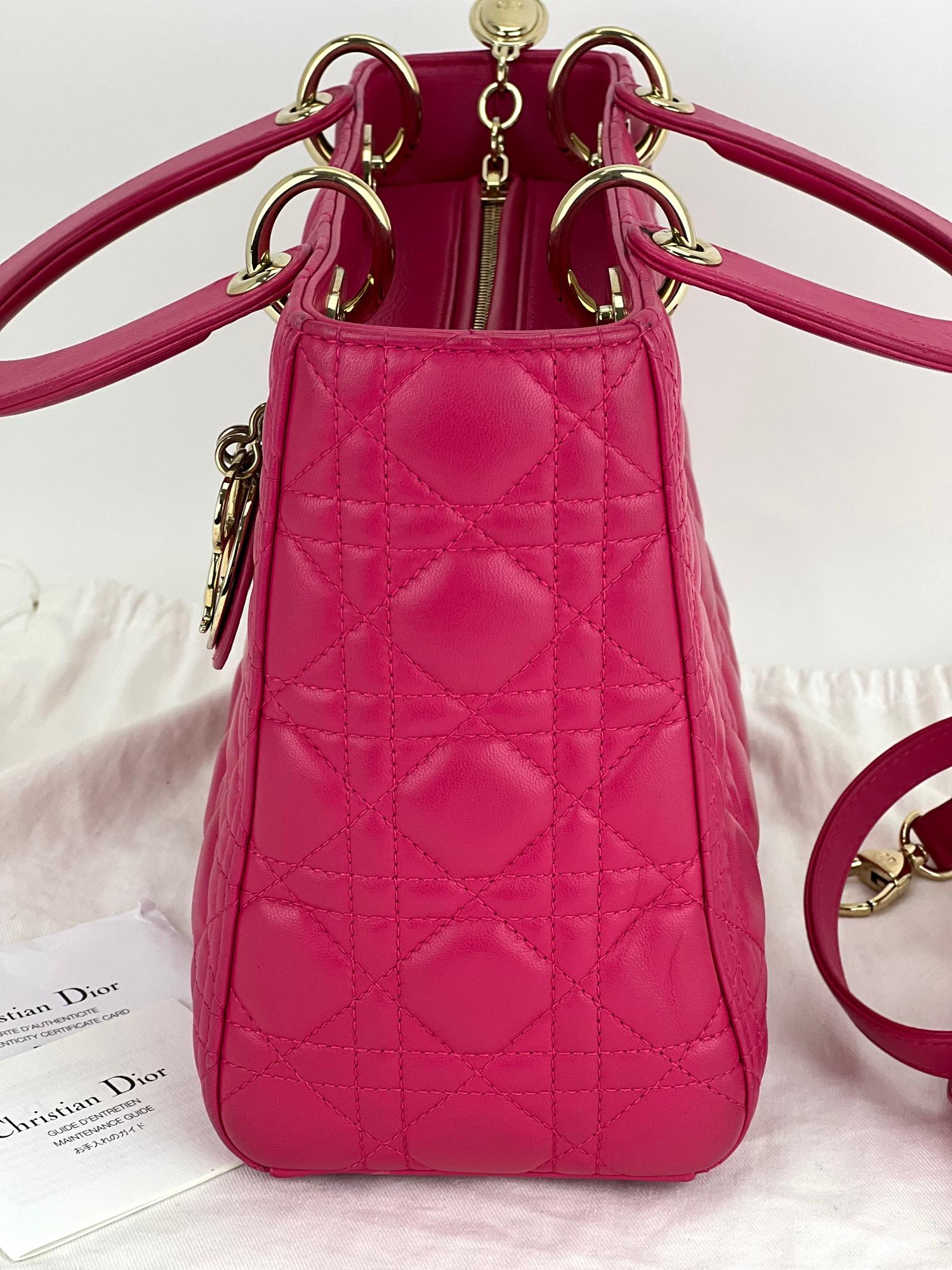 Christian Dior Medium Lady Dior Pink Cannage Quilt Lambskin Shoulder Handbag  4