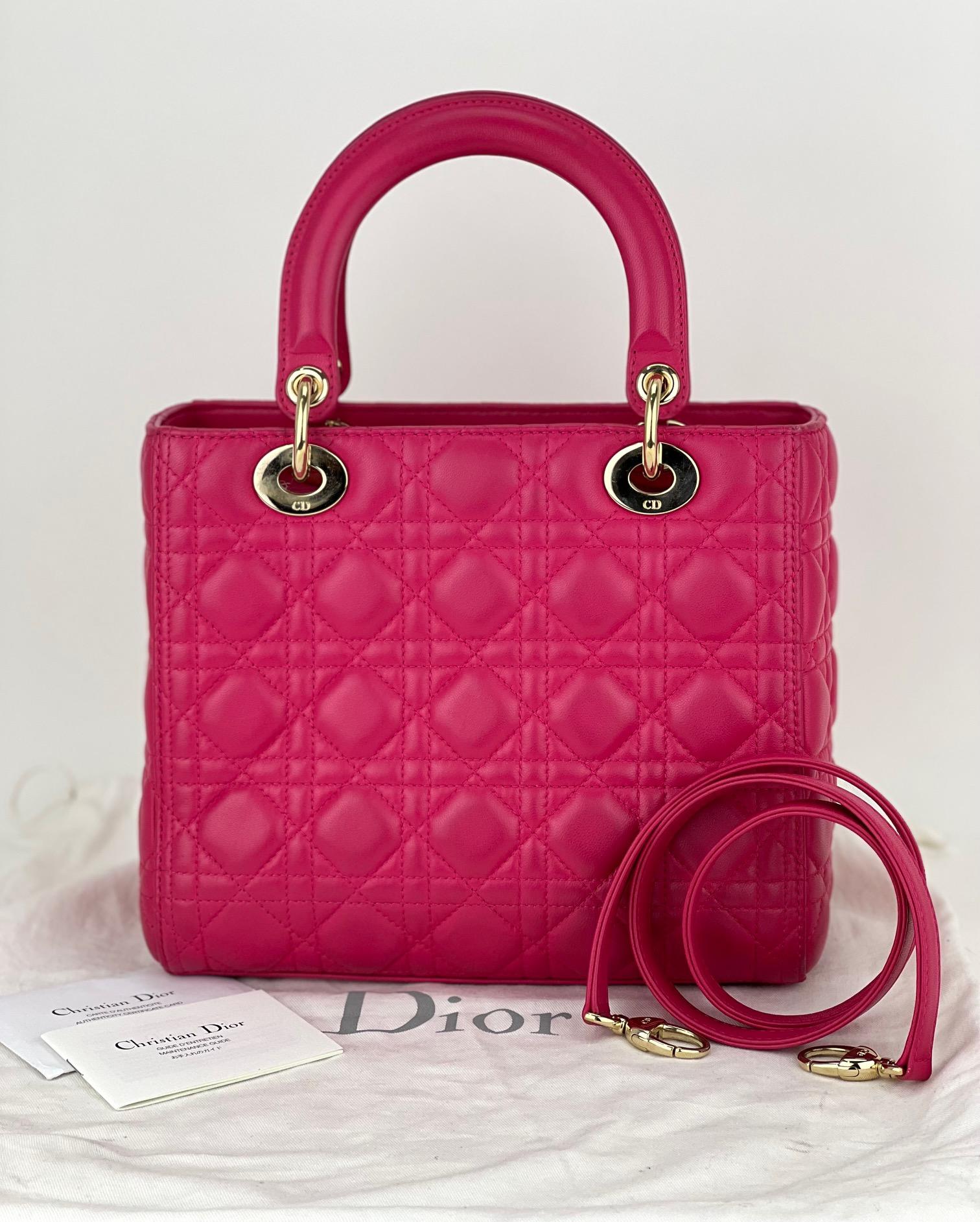 Pre-Owned  100% Authentic
Christian Dior Lambskin Cannage
Medium Pink Lady Dior
RATING: B...Very Good, well maintained,
shows minor signs of wear
MATERIAL: lambskin leather
STRAP: Dior Removable leather Strap 34.5'' long
DROP: 17''
HANDLE:  double