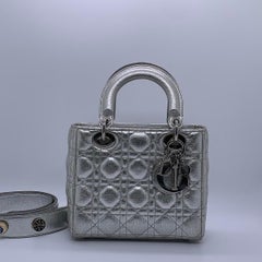 Christian Dior Medium Lady Dior Silver Lambskin Cannage SHW Crossbody Bag