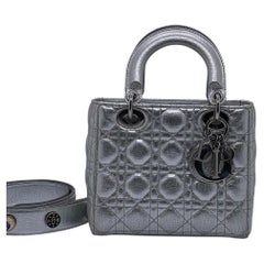 Christian Dior Medium Lady Dior Silver Lambskin Cannage SHW Crossbody Bag