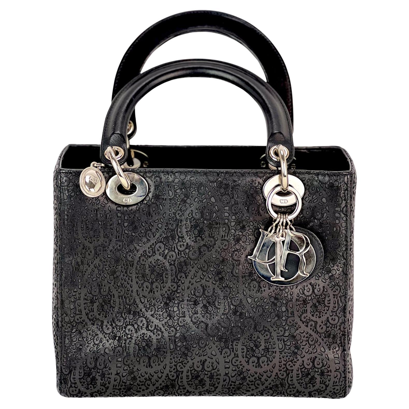 Christian Dior Medium Lady Laced Black Leather Limited Edition Shoulder Bag For Sale