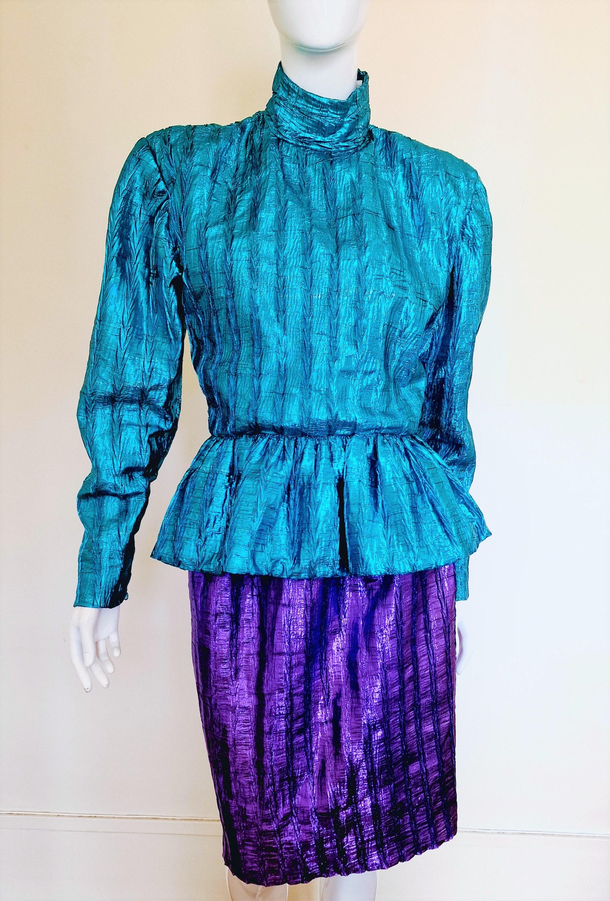Blue Christian Dior Metal Boutique Elena Vintage 60s 70s 80s Suit Ensemble Dress For Sale