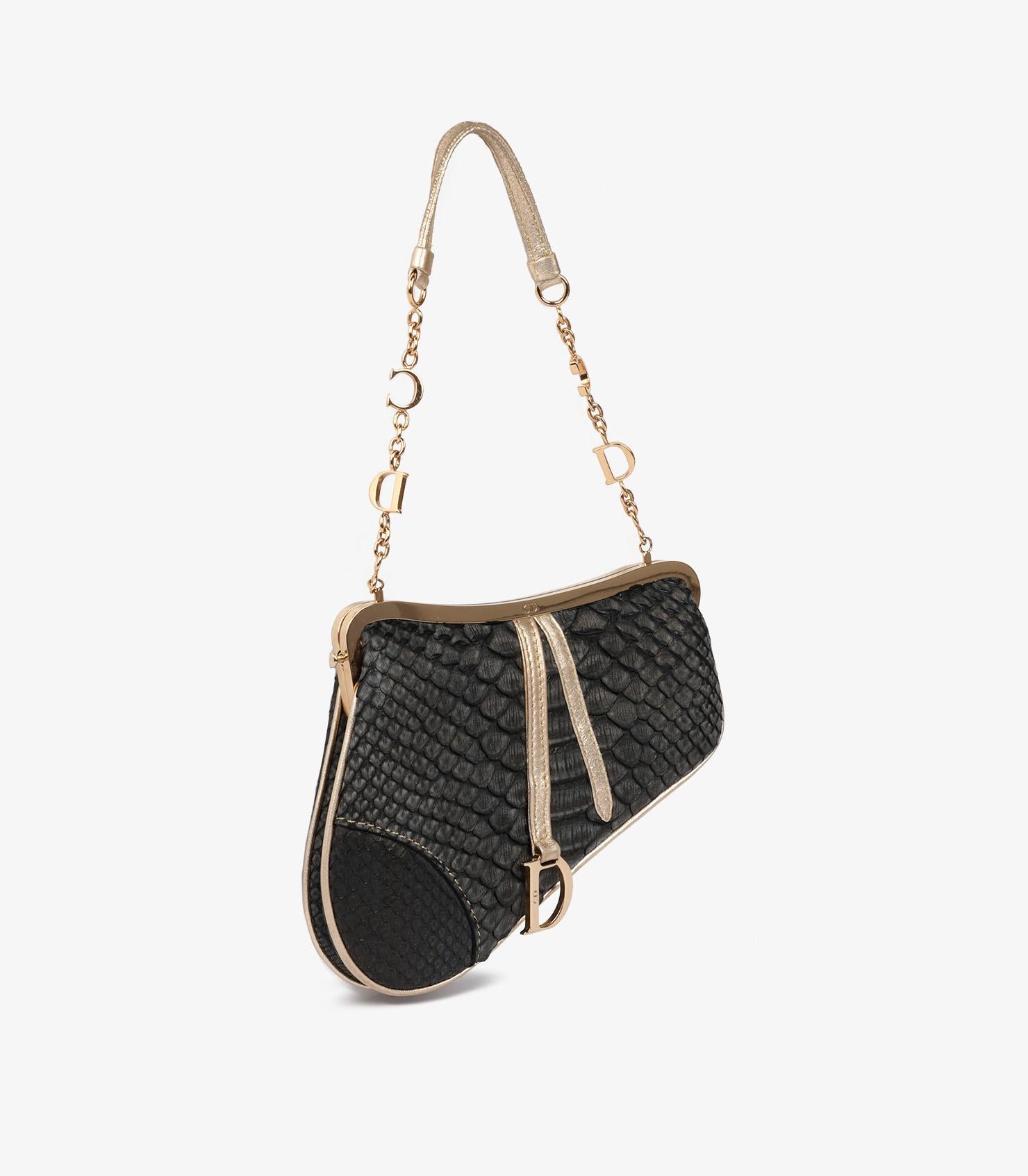 Noir Christian Dior Metallic Black Snakeskin Leather Vintage Mini Saddle Bag en vente