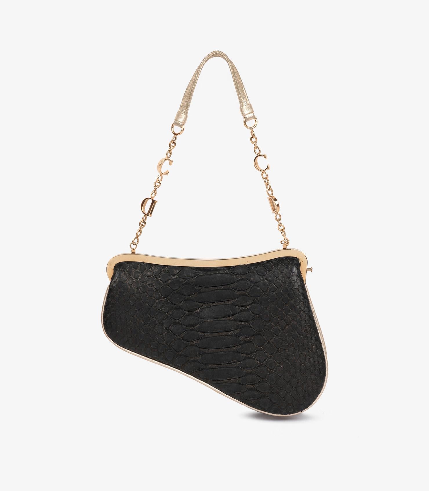 Christian Dior Metallic Black Snakeskin Leather Vintage Mini Saddle Bag en vente 1