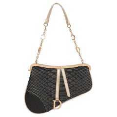 Christian Dior Metallic Black Snakeskin Leather Vintage Mini Saddle Bag