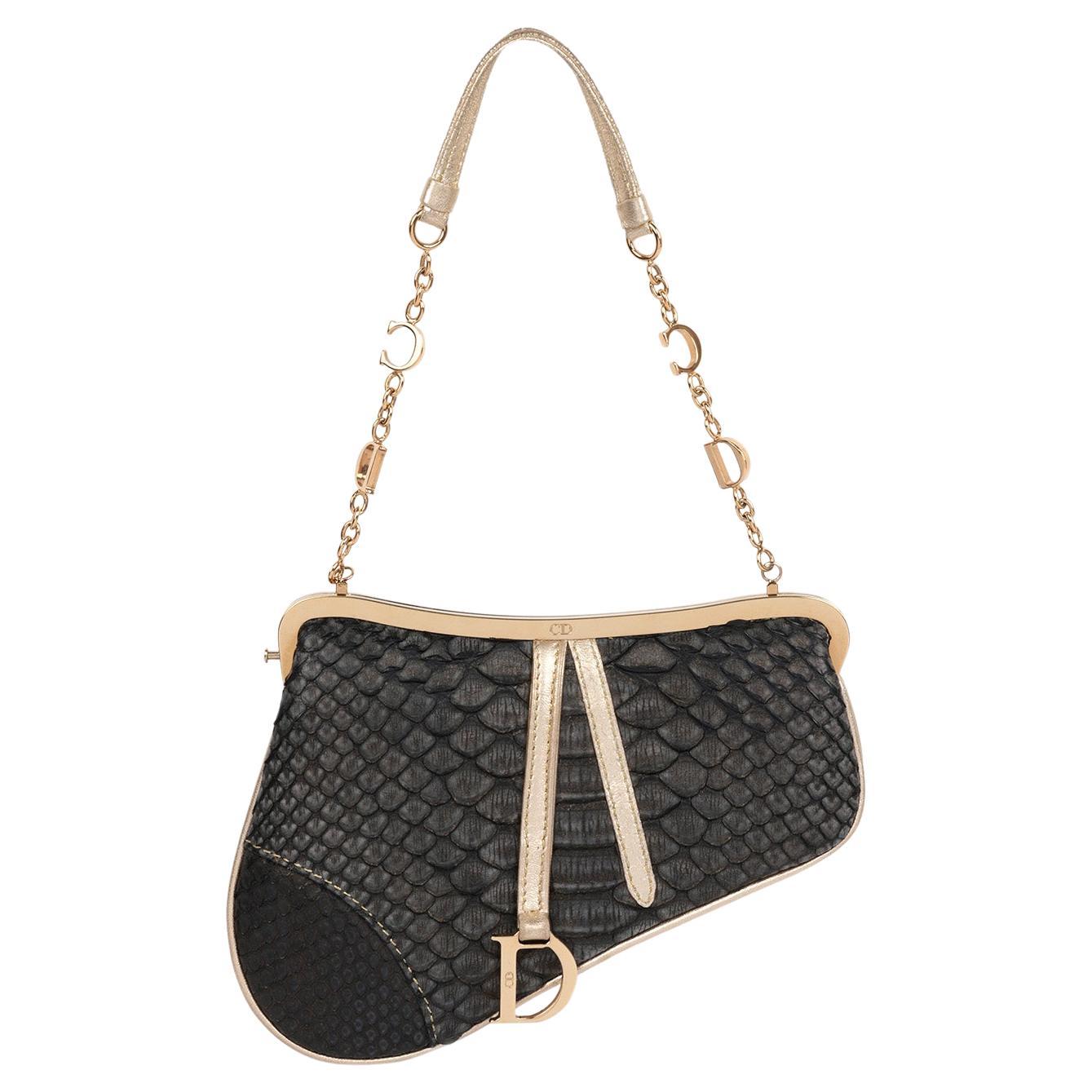 Christian Dior Metallic Black Snakeskin Leather Vintage Mini Saddle Bag en vente