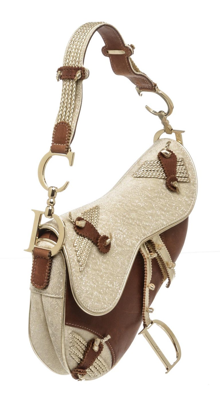 Christian Dior Metallic Gold Brown JacquardTrimmed Saddle Bag at