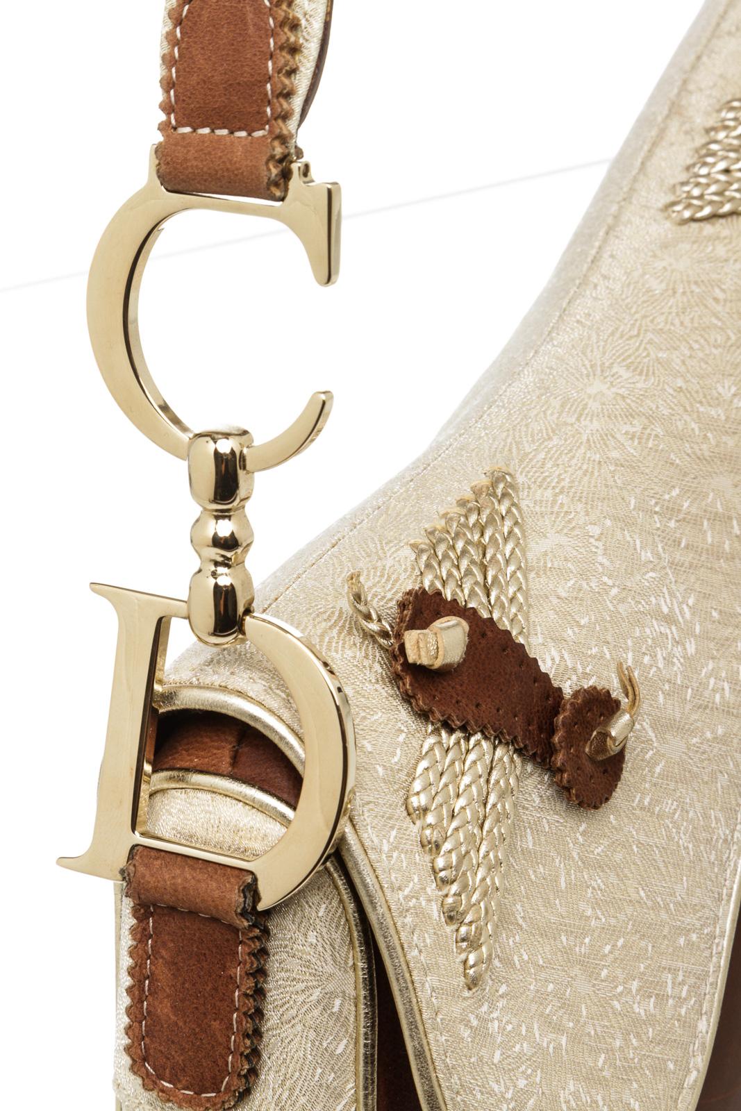 Beige Christian Dior Metallic Gold Brown Jacquard-Trimmed Saddle Bag