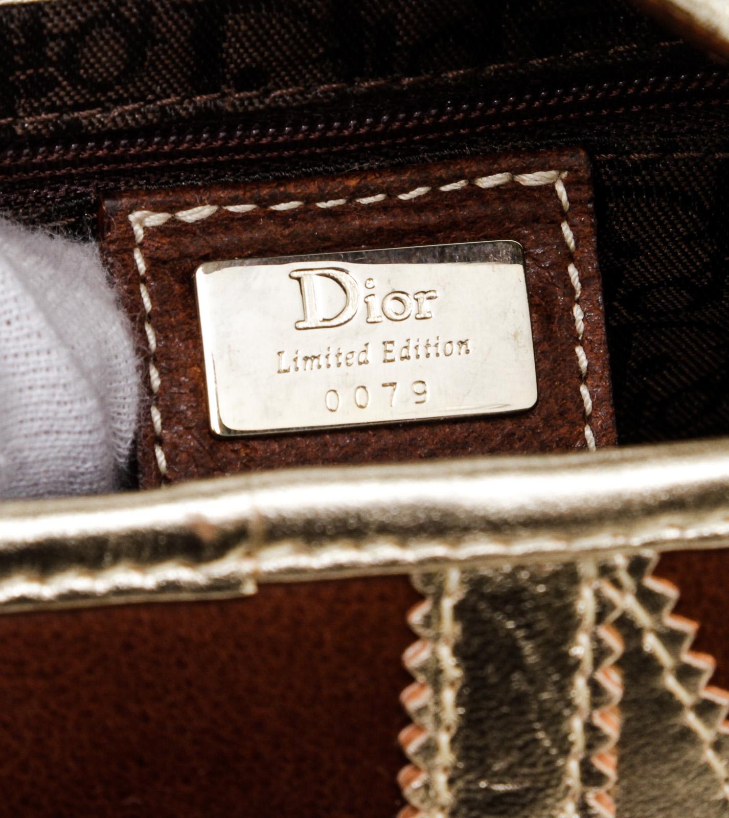 Women's Christian Dior Metallic Gold Brown Jacquard-Trimmed Saddle Bag