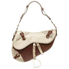Christian Dior Metallic Gold Brown Jacquard-Trimmed Saddle Bag