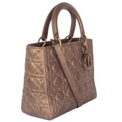 CHRISTIAN DIOR metallic gold Cannage leather LADY DIOR MEDIUM Tote Bag