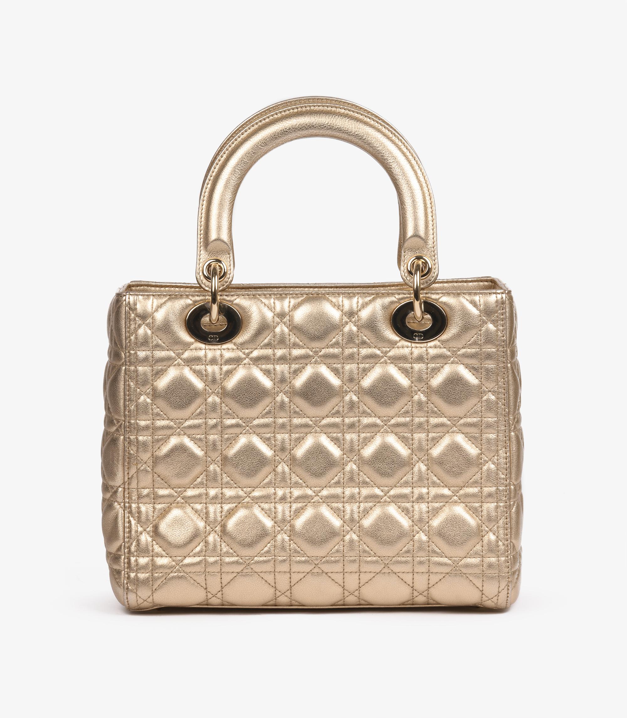 Christian Dior Metallic Gold Cannage Gestepptes Lammfell Medium Lady Dior im Angebot 1