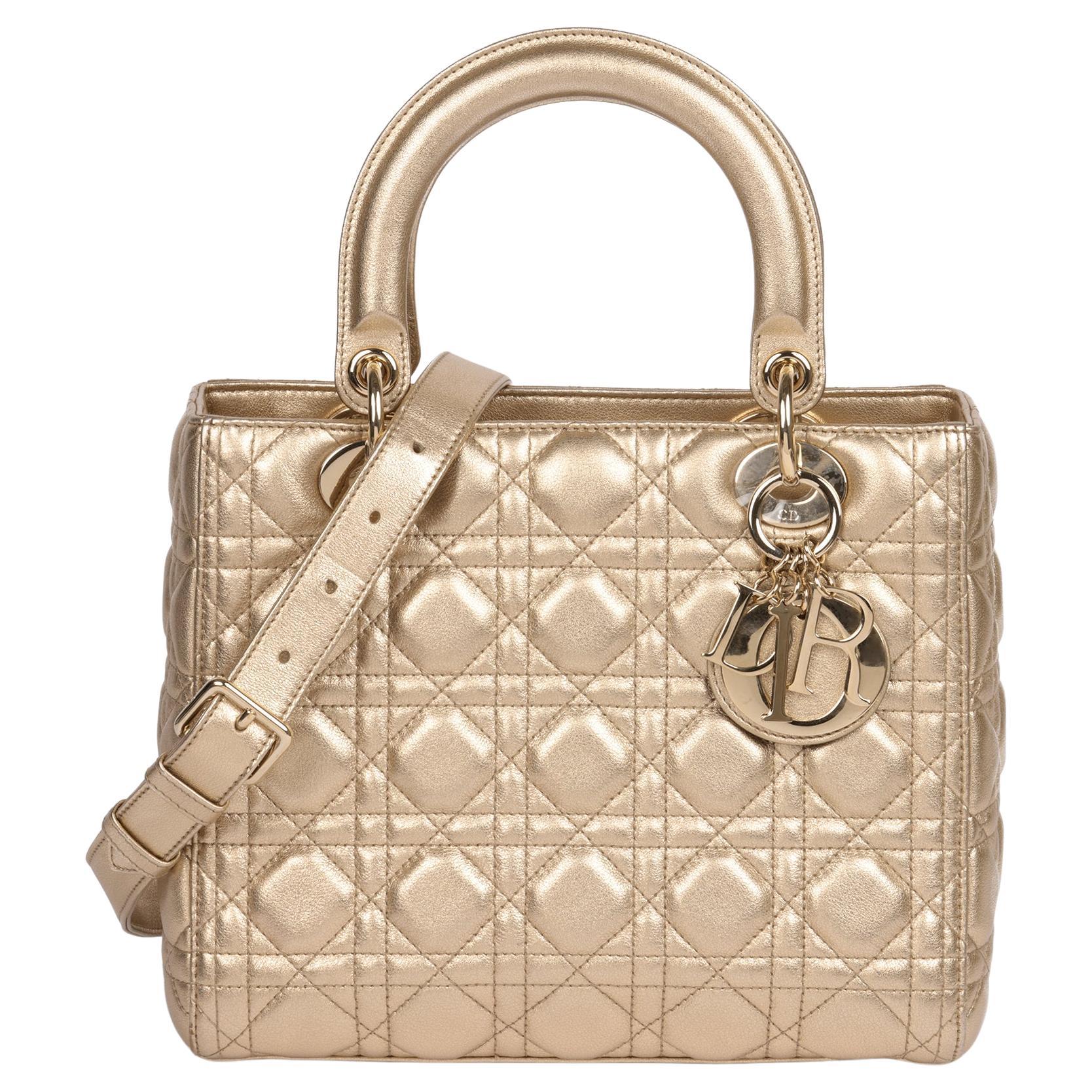 Christian Dior Metallic Gold Cannage Gestepptes Lammfell Medium Lady Dior im Angebot