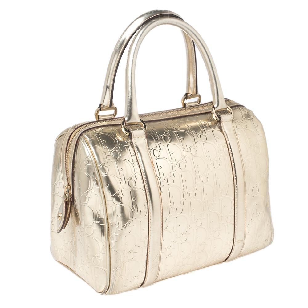 Women's Christian Dior Metallic Gold Oblique Embossed Leather Boston Bag