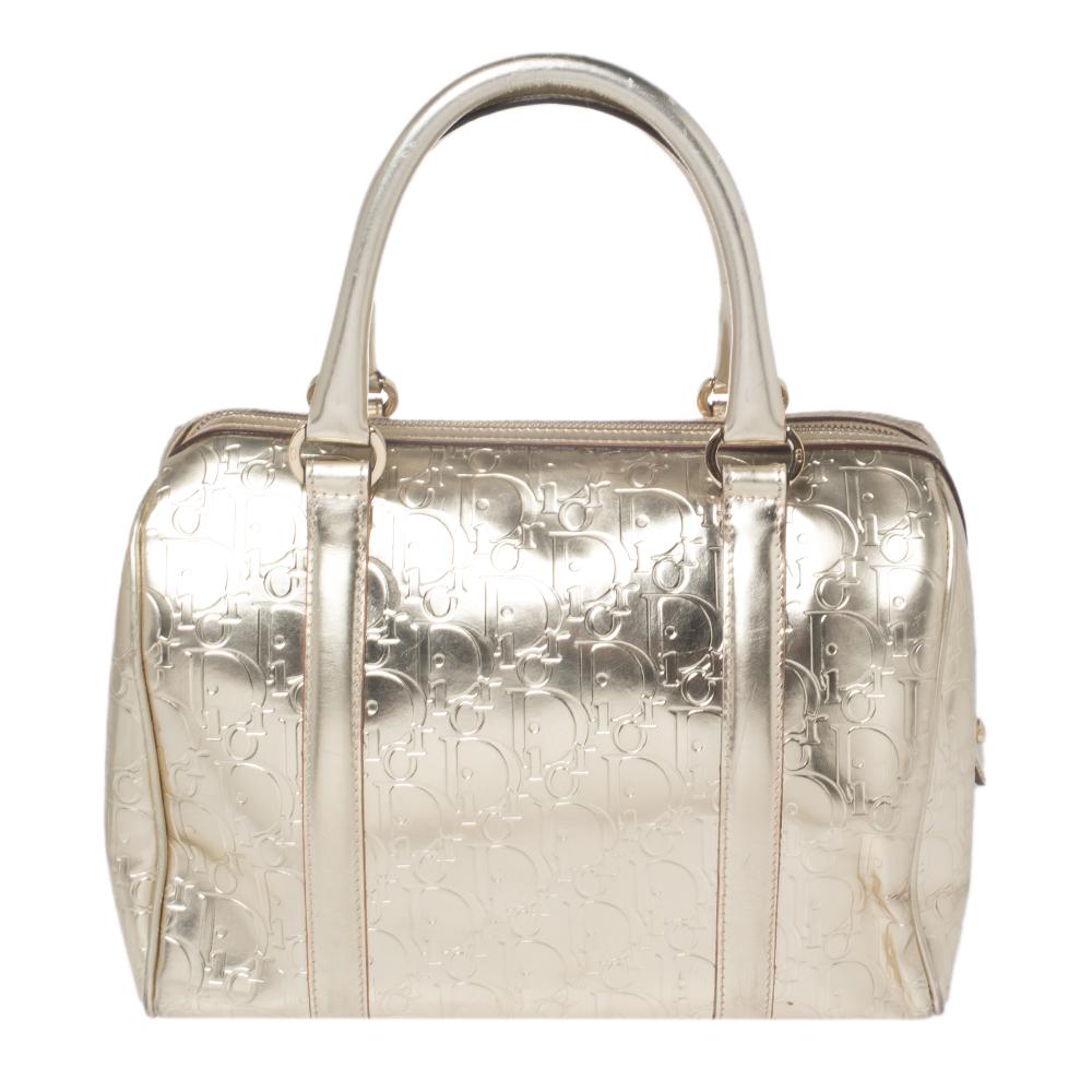 Dior Metallic Silver Oblique Monogram Leather Boston Bag at 1stDibs