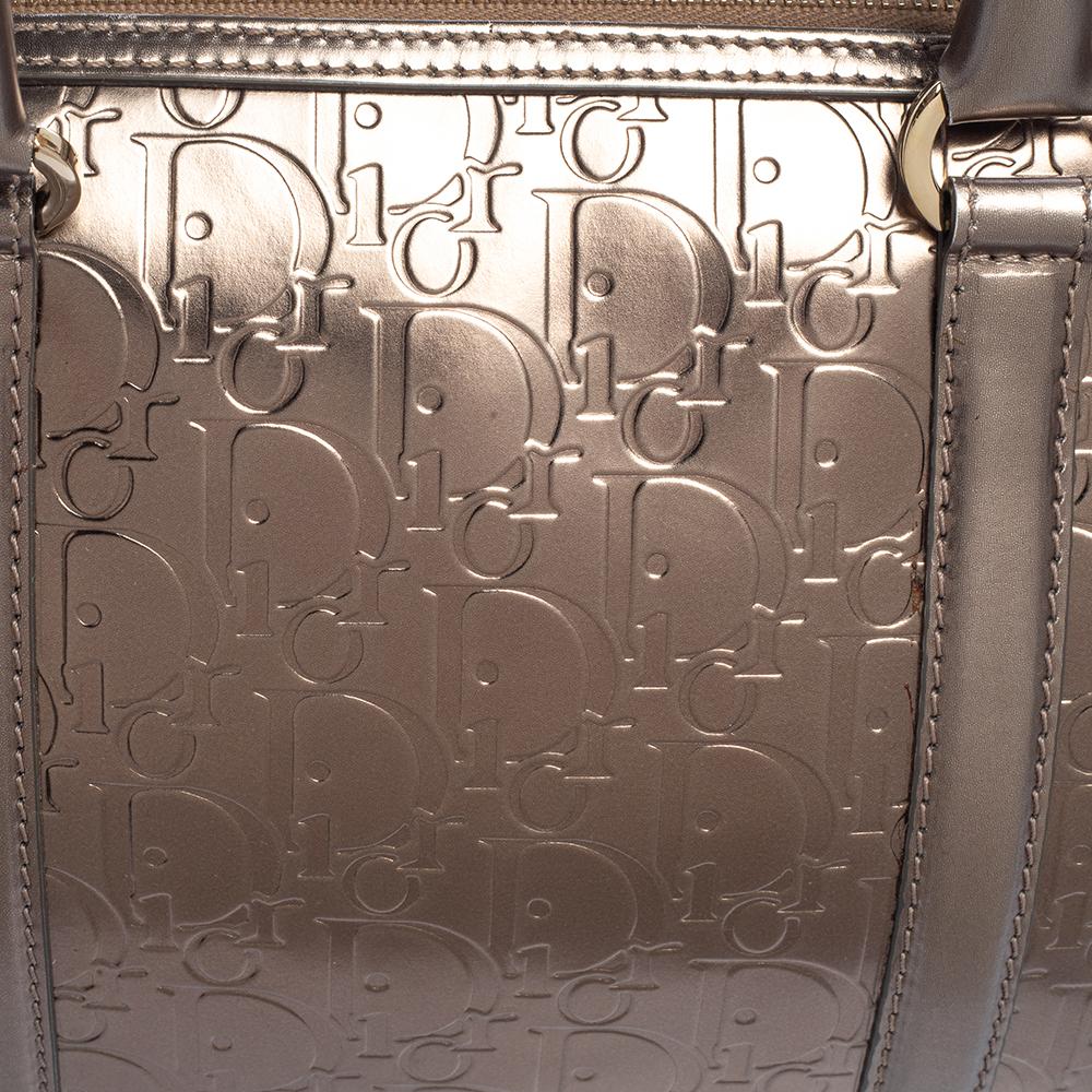 Brown Christian Dior Metallic Oblique Embossed Leather Boston Bag