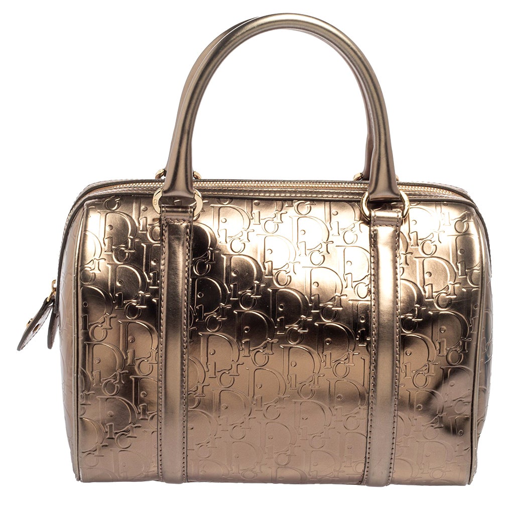 Christian Dior Metallische Oblique Tasche aus geprägtem Leder Boston