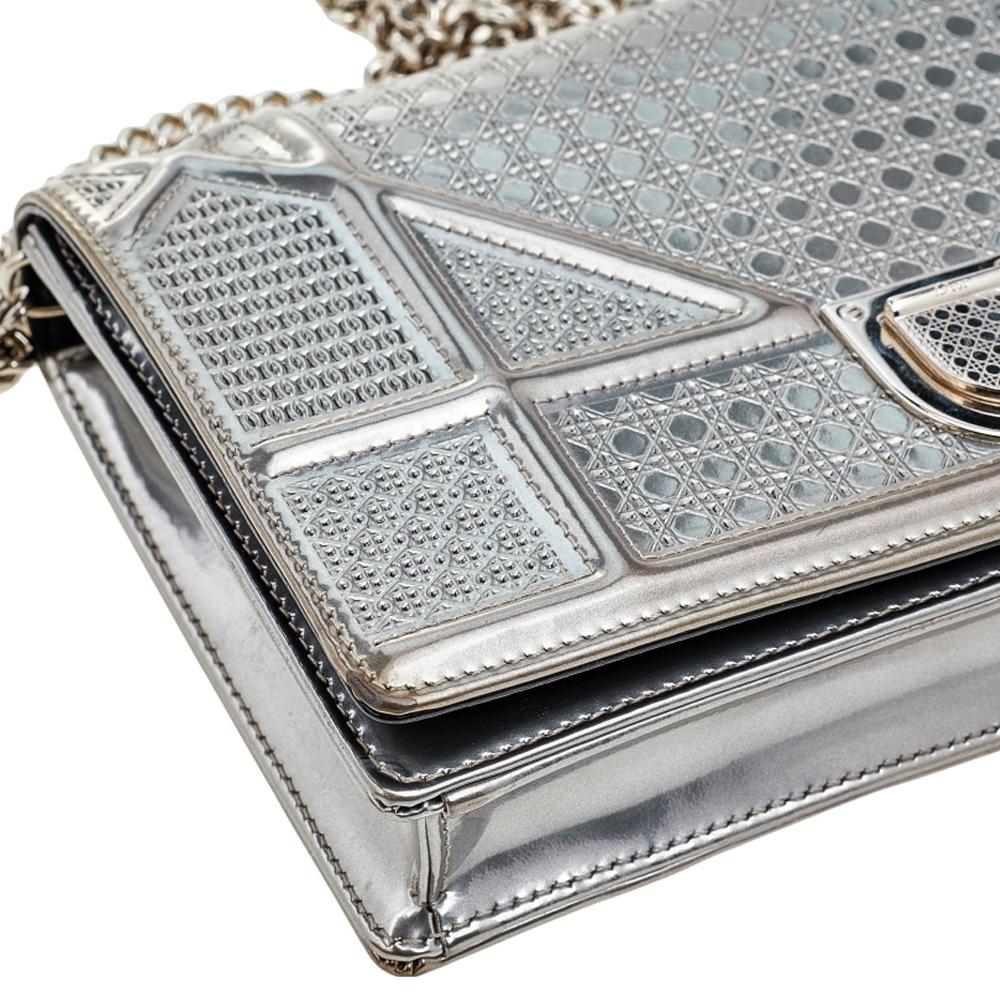 Christian Dior Metallic Silver Micro Cannage Leather Diorama Wallet on Chain 6