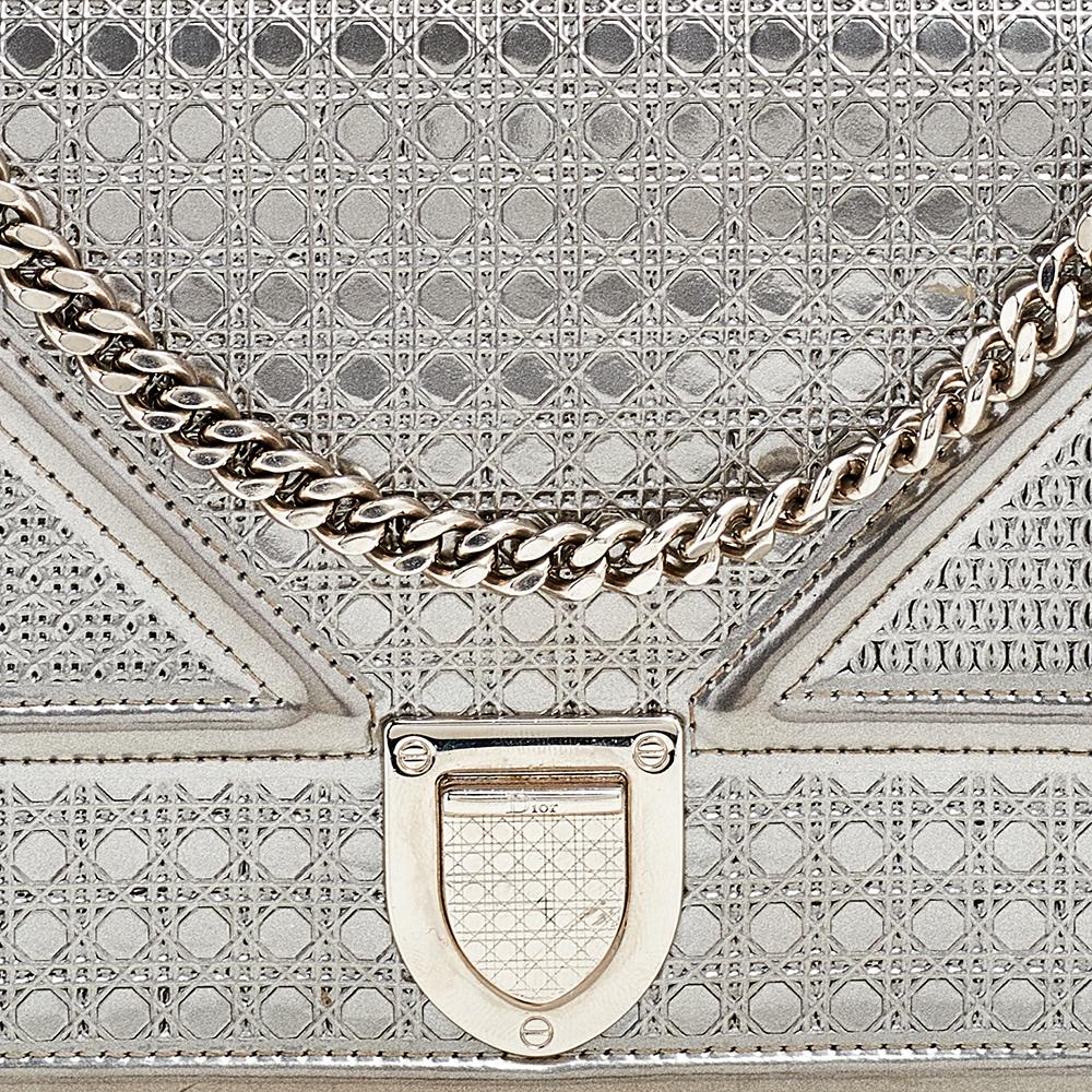 Christian Dior Metallic Silver Micro Cannage Leather Diorama Wallet on Chain 7