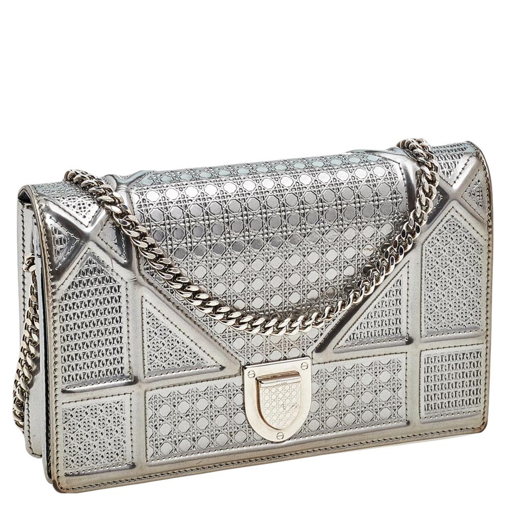 Women's Christian Dior Metallic Silver Micro Cannage Leather Diorama Wallet on Chain