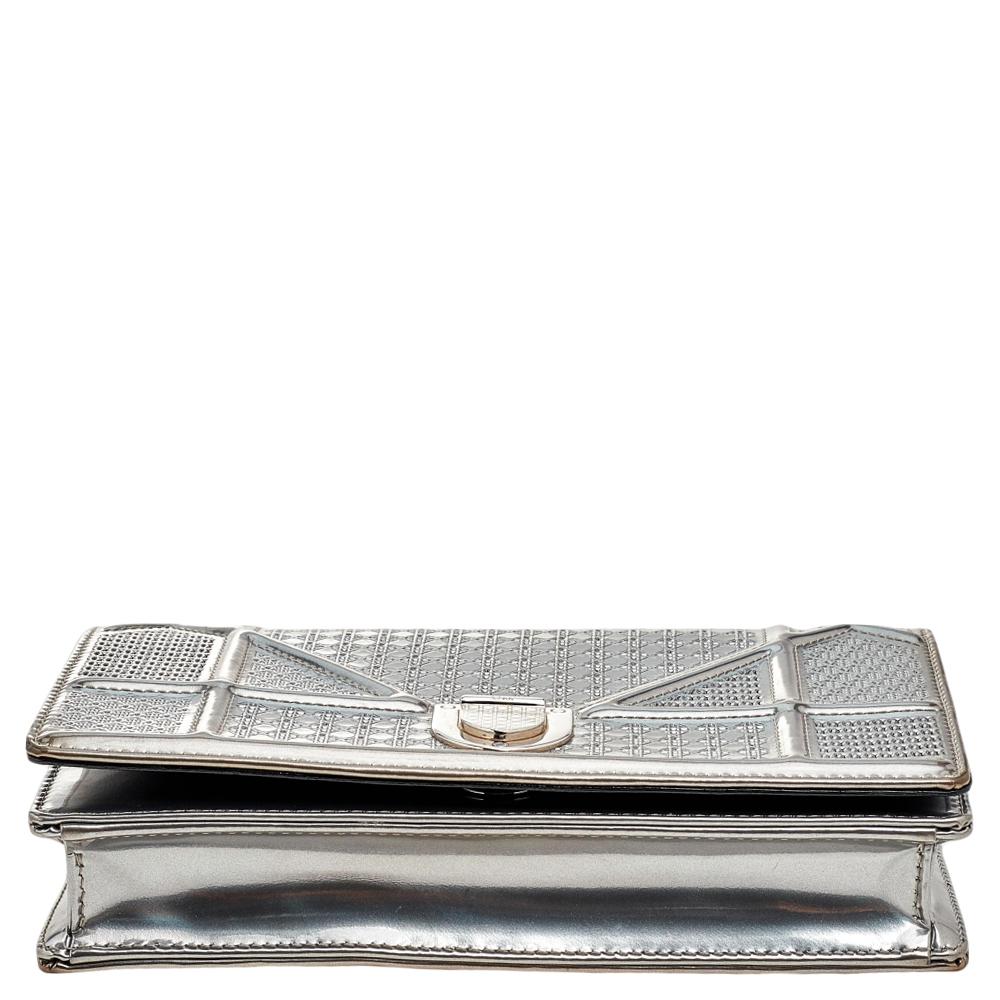 Christian Dior Metallic Silver Micro Cannage Leather Diorama Wallet on Chain 1