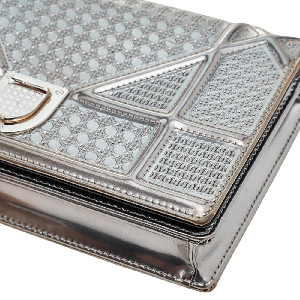 Christian Dior Metallic Silver Micro Cannage Leather Diorama Wallet on Chain 5
