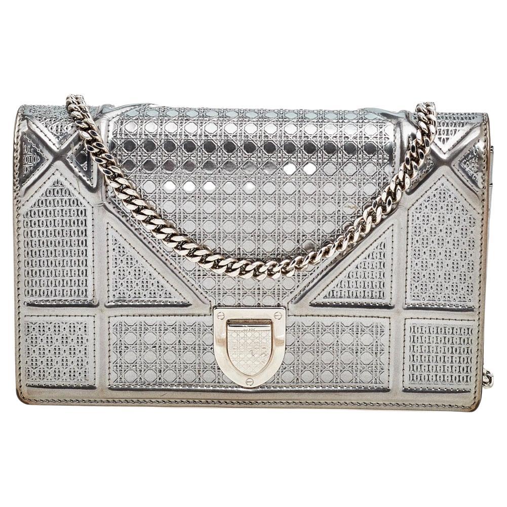 Christian Dior Metallic Silver Micro Cannage Leather Diorama Wallet on Chain