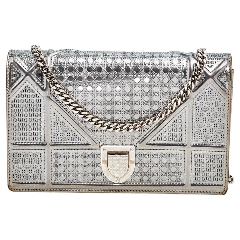 Christian Dior Patent Metallic Leather Micro Cannage Diorama Mini Bag Silver