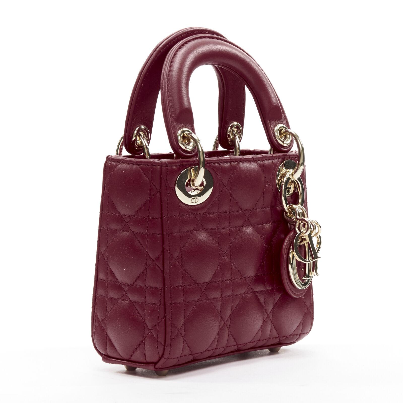 CHRISTIAN DIOR Micro Lady Dior red quilted Cannage lambskin CD charm mini bag In Good Condition In Hong Kong, NT