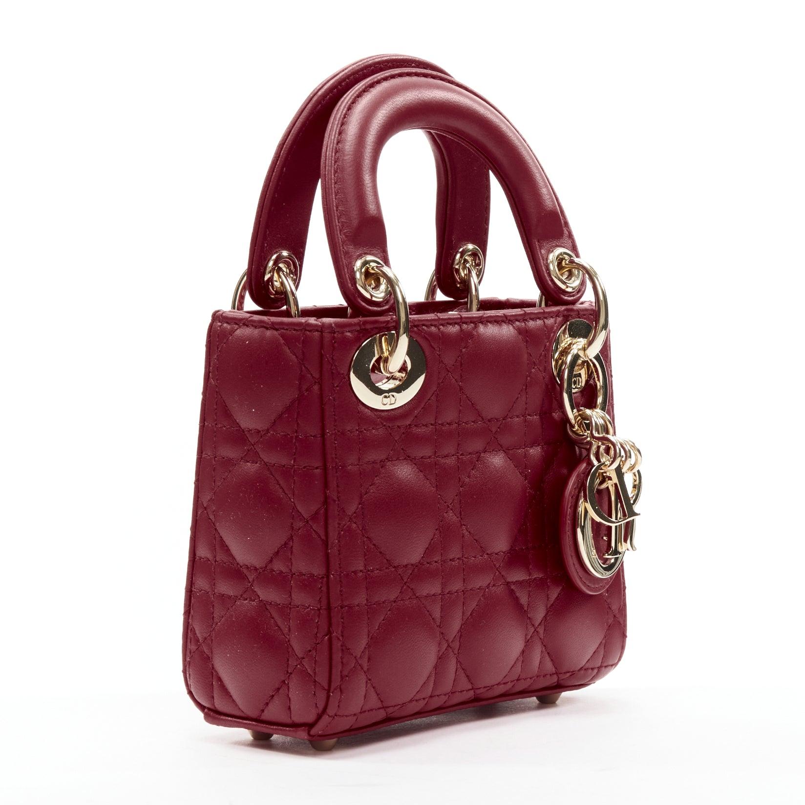 CHRISTIAN DIOR Micro Lady Dior red quilted Cannage lambskin CD charm mini bag In Good Condition For Sale In Hong Kong, NT