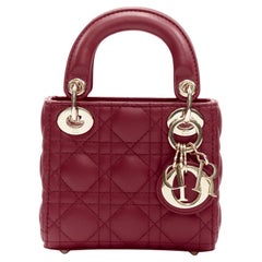 Used CHRISTIAN DIOR Micro Lady Dior red quilted Cannage lambskin CD charm mini bag