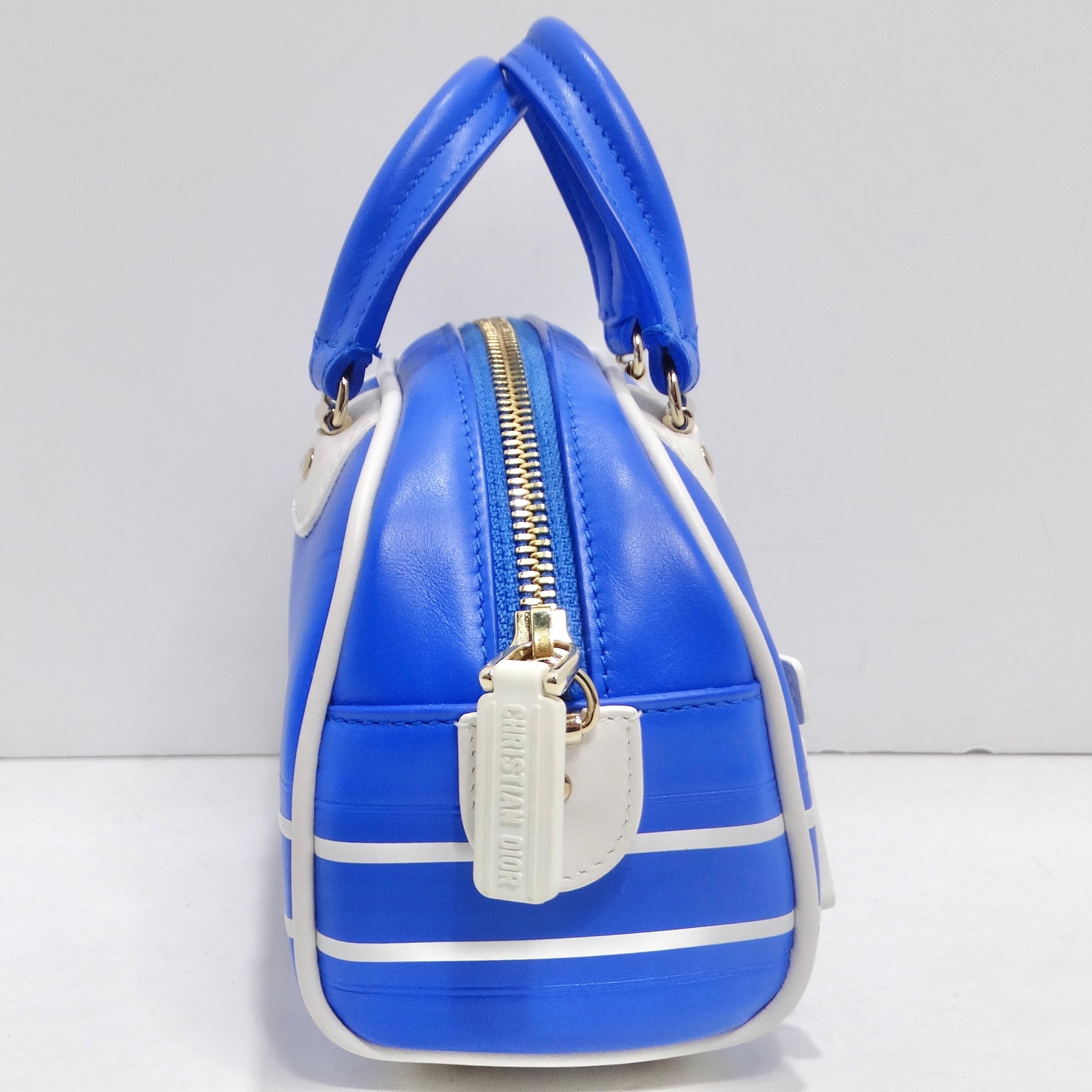 Christian Dior Micro Vibe Zip Bowling Bag Blue Leather In Excellent Condition For Sale In Scottsdale, AZ