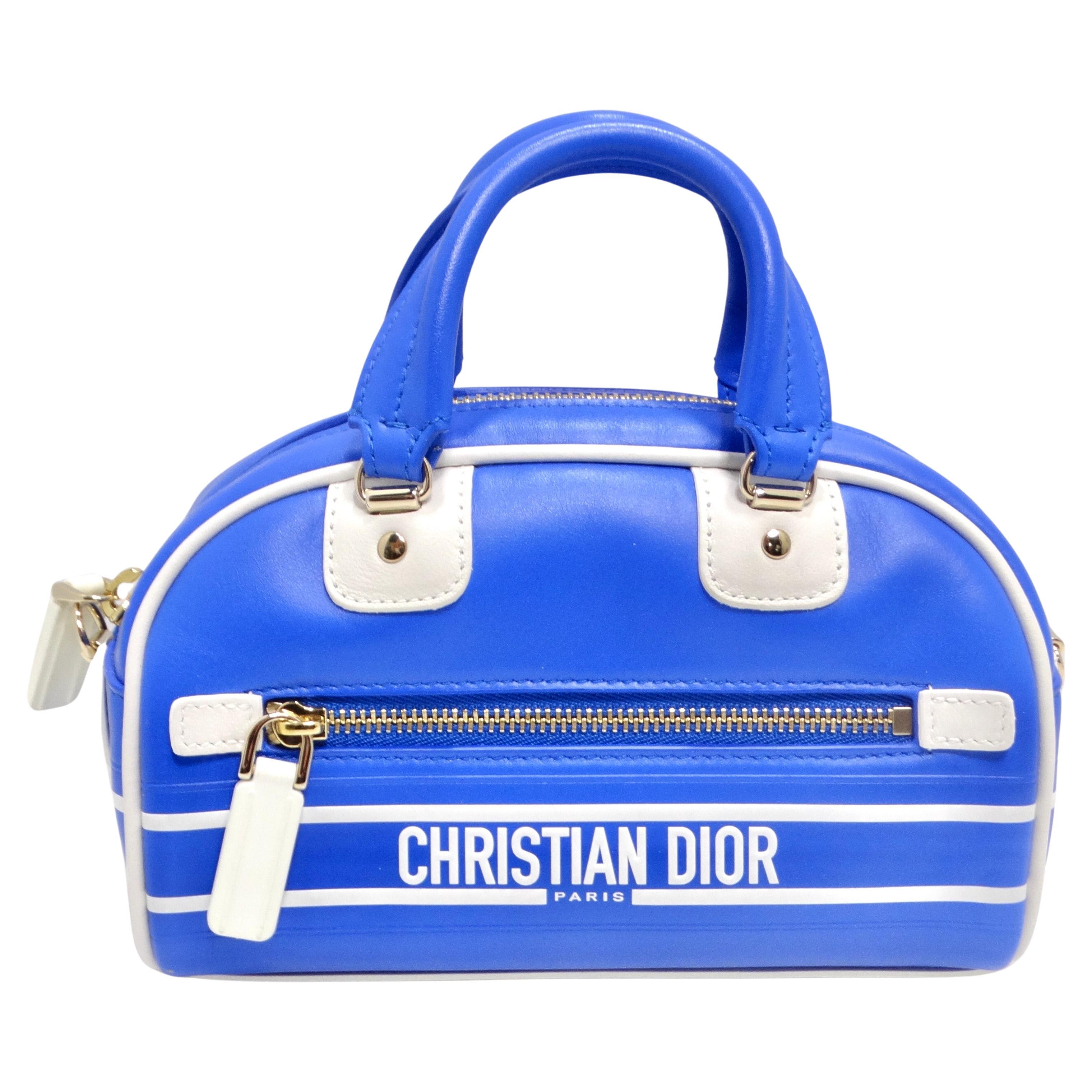 Christian Dior - Sac bowling Micro Vibe zippé en cuir bleu en vente