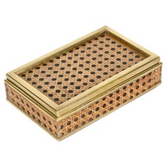 Christian Dior Midcentury Brass, Lucite, Vienna Straw Decorative Box, Italy 1970
