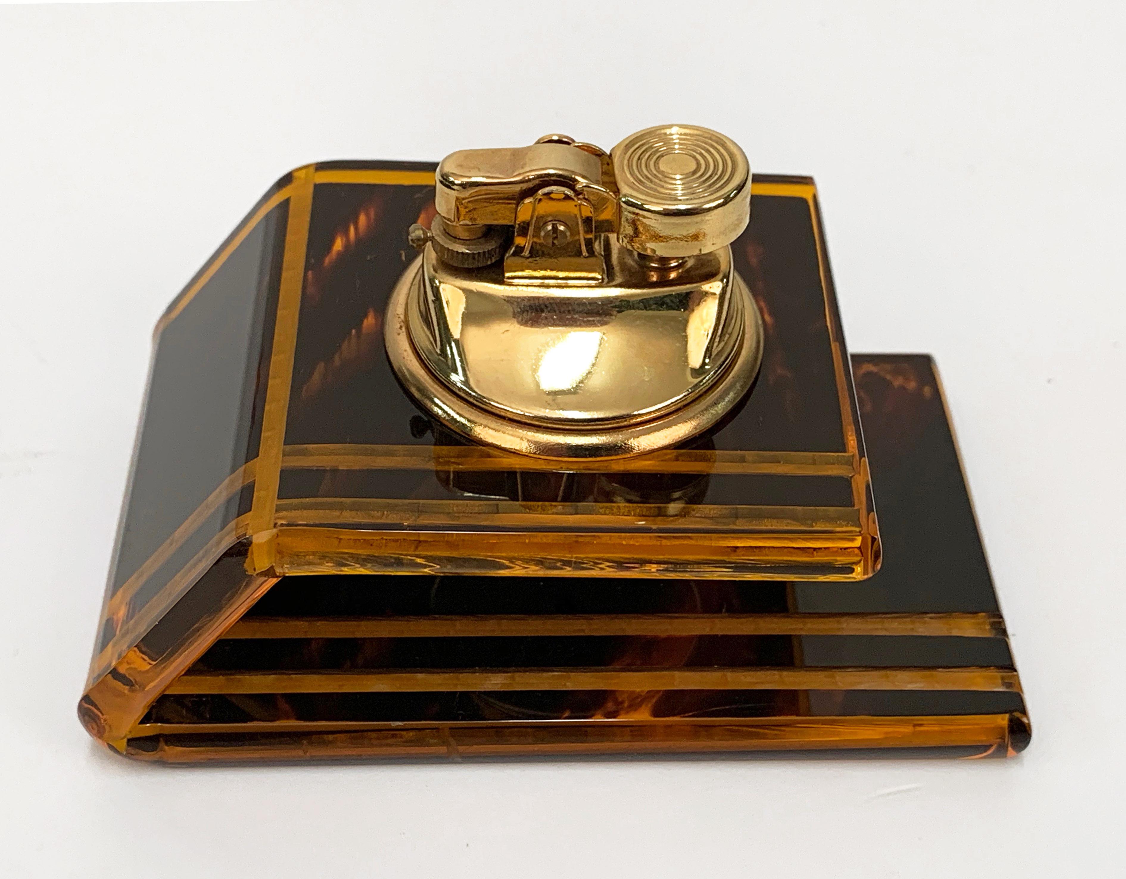 Late 20th Century Christian Dior Midcentury Lucite and Brass French Table Lighter, 1970s