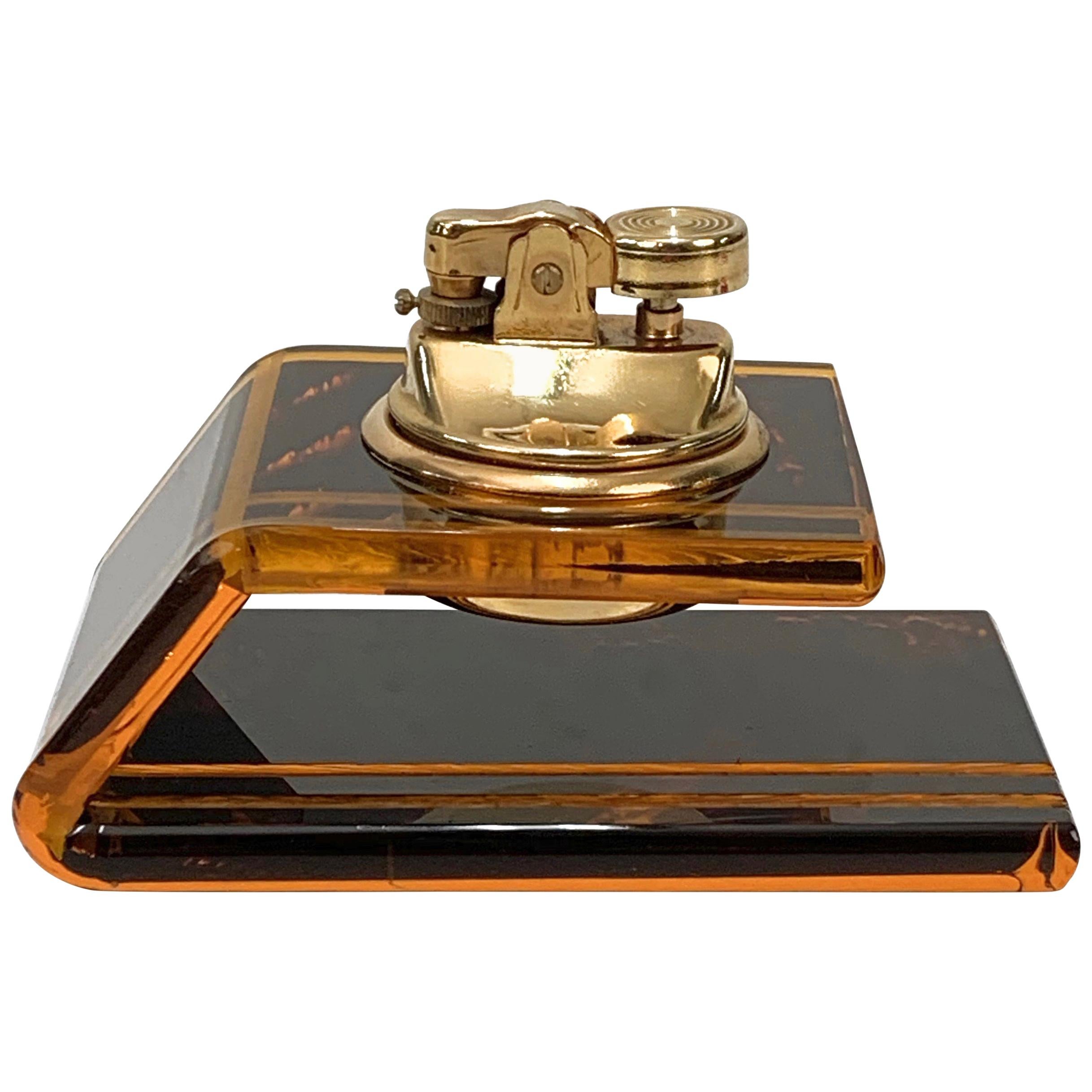 Christian Dior Midcentury Lucite and Brass French Table Lighter, 1970s