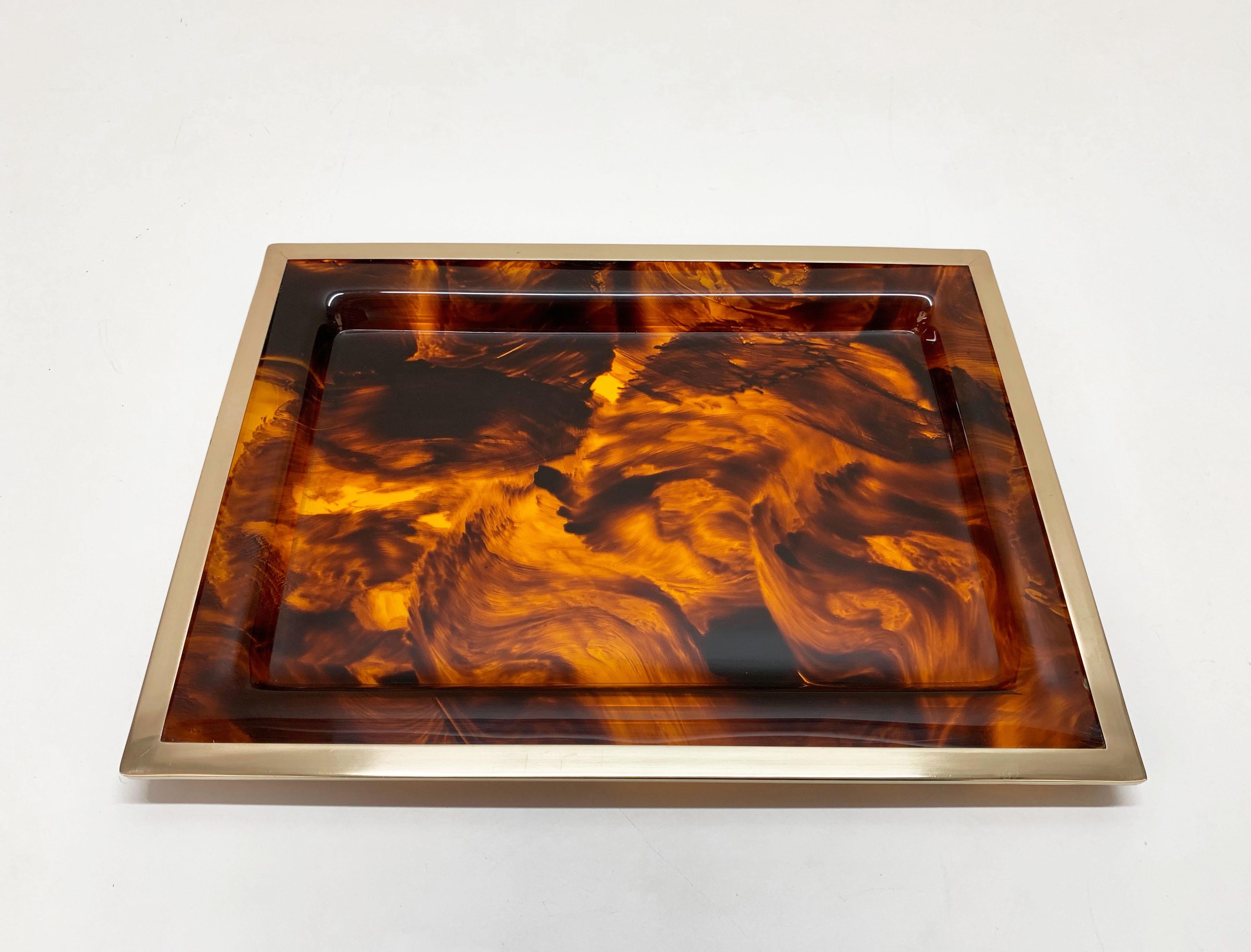 Italian Christian Dior Midcentury Lucite and Brass Serving Tray Willy Rizzo, Italy 1970s