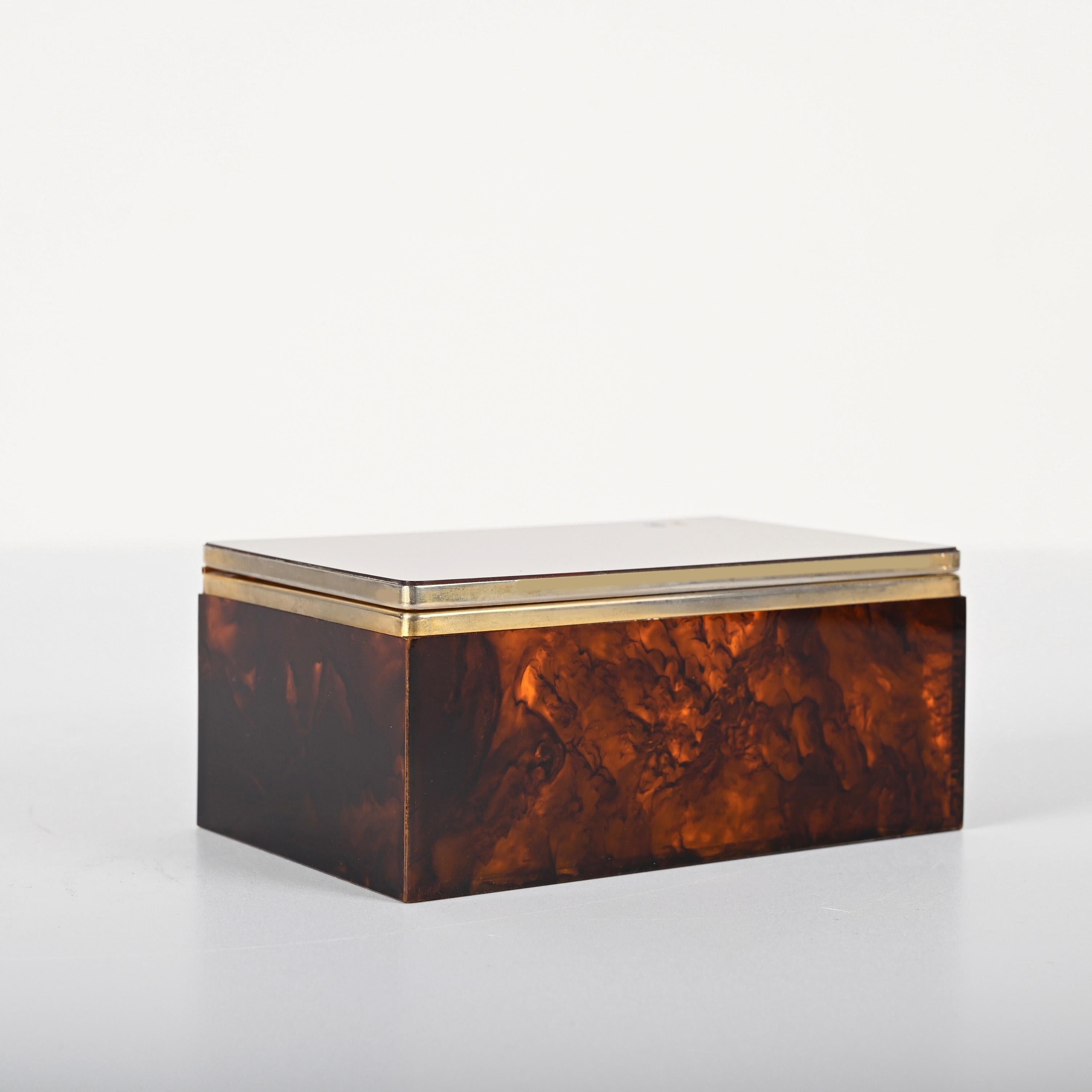 Mid-Century Modern Dior Mid-Century Lucite Tortoiseshell Effect and Brass Jewelry Box, Italy 1970s For Sale